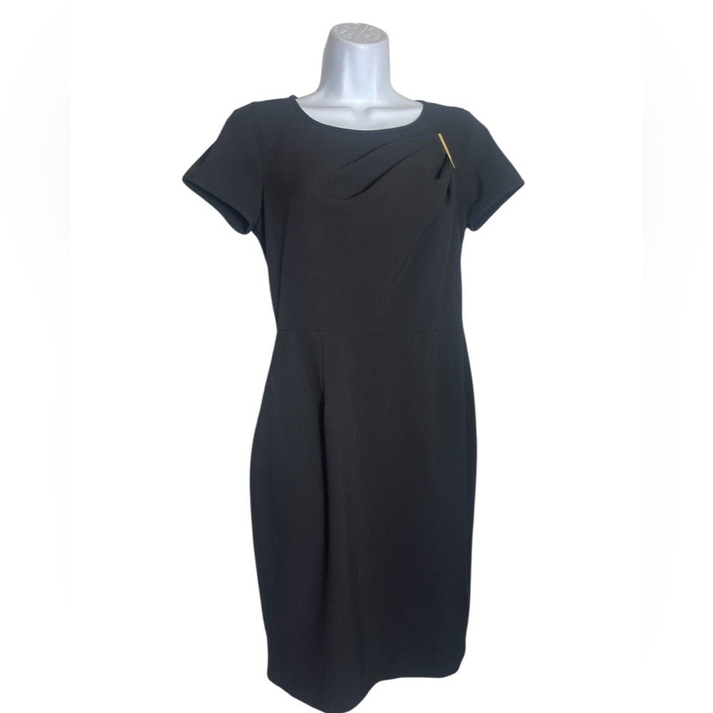 Calvin Klein Dress Size 6 Black Pleated Sheath Dress Gold‎ Detail PERFECT 🖤